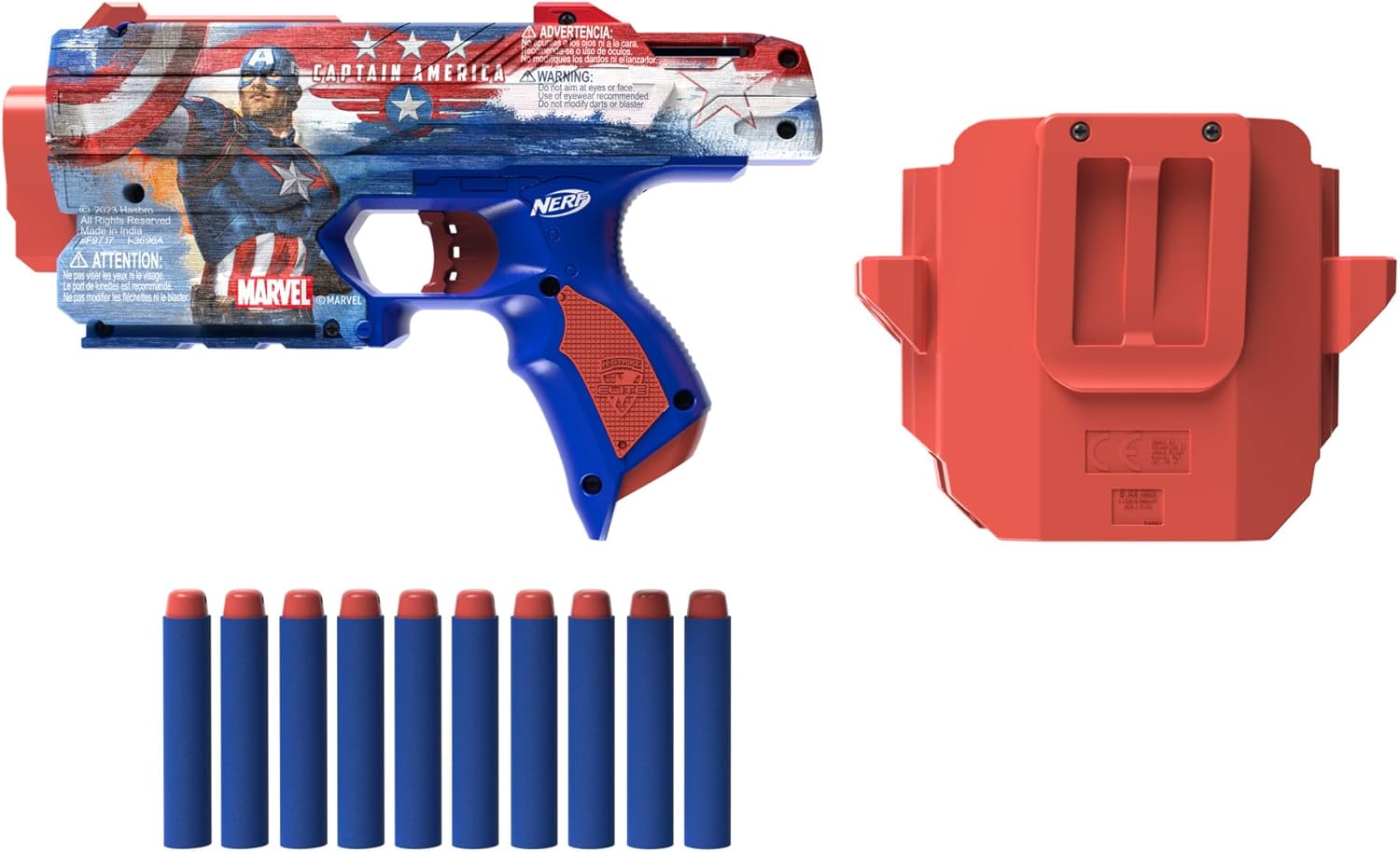 Detalle 1 de Nerf Marvel Captain America – Blaster à fléchettes avec holster et 10 fléchettes Nerf Elite