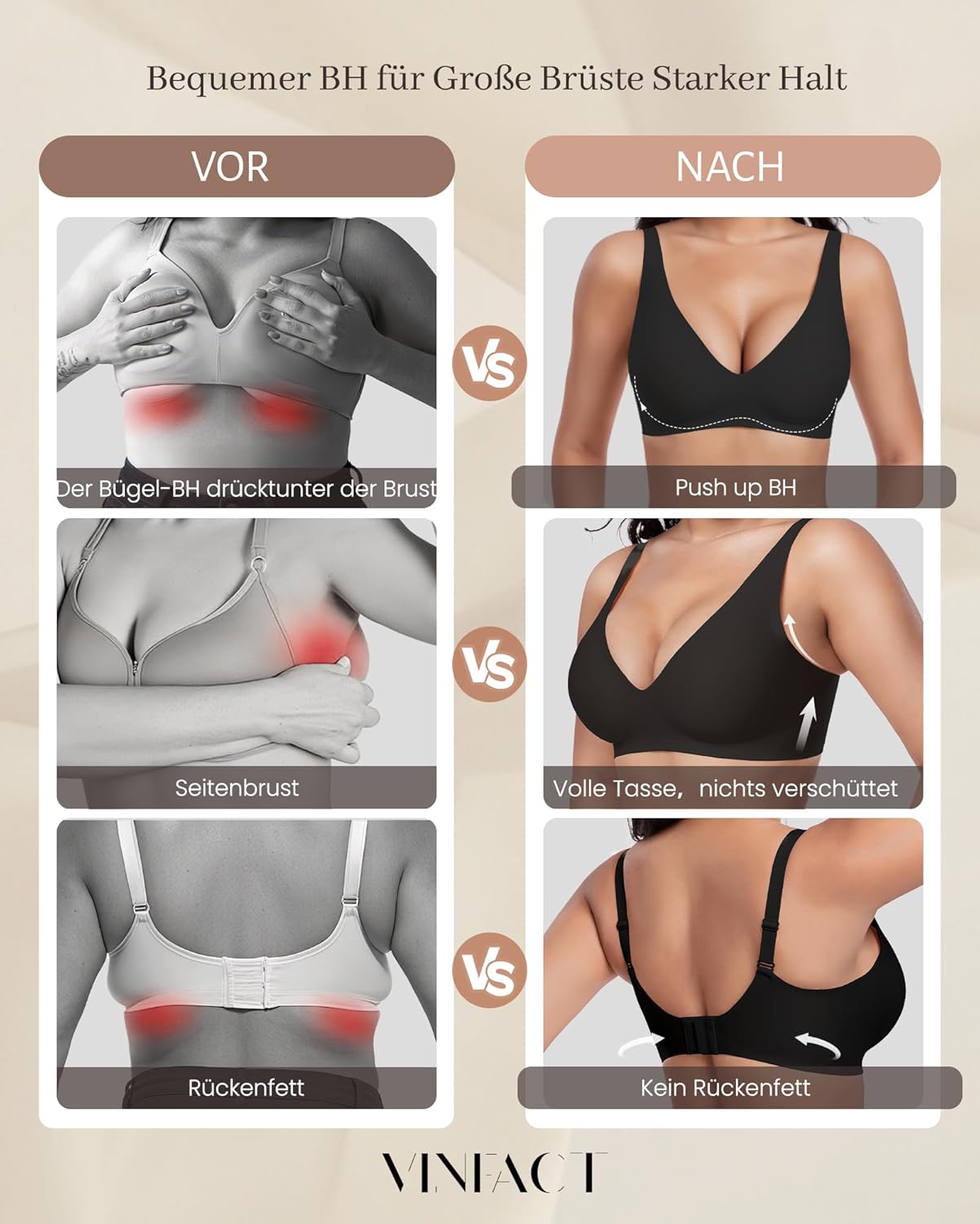 Thumbnail 4 de Vinfact Tiefer-V Nahtloser Push-up BH ohne Bügel für Damen – T-Shirt & Schlaf-BH (55% Nylon/45% Elasthan)