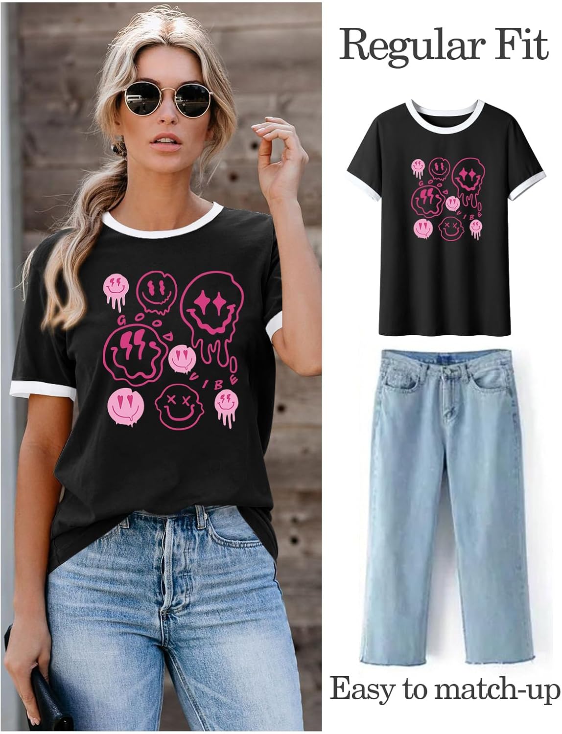 Thumbnail 1 de WIEIYM Women’s Funky Graphic T-Shirt with Smile Face Crew Neck