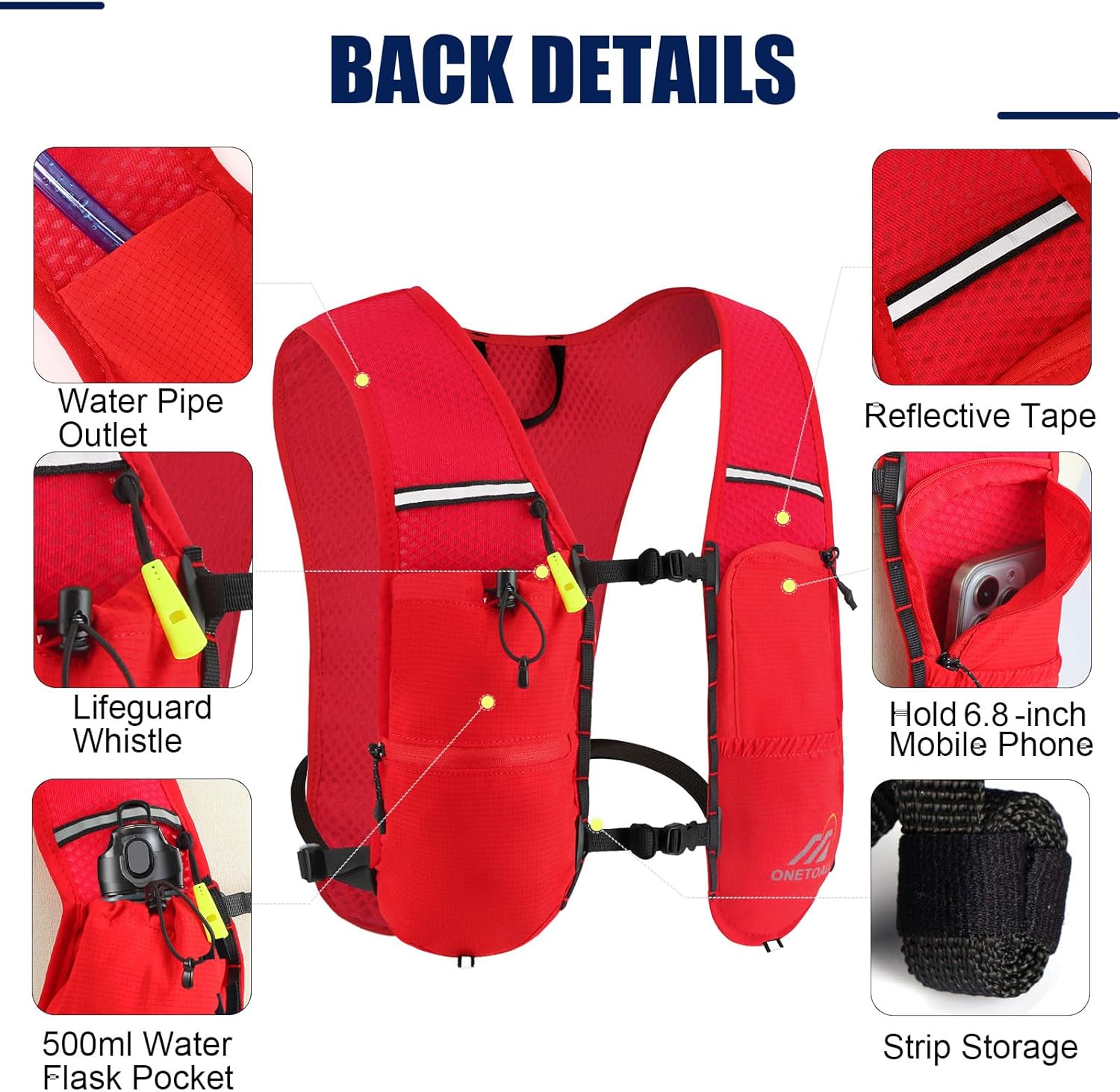 Thumbnail 4 de ONETOALL Running Vest Hydration Backpack (6L) with 500ml bottle & 2L bladder, reflective trail vest