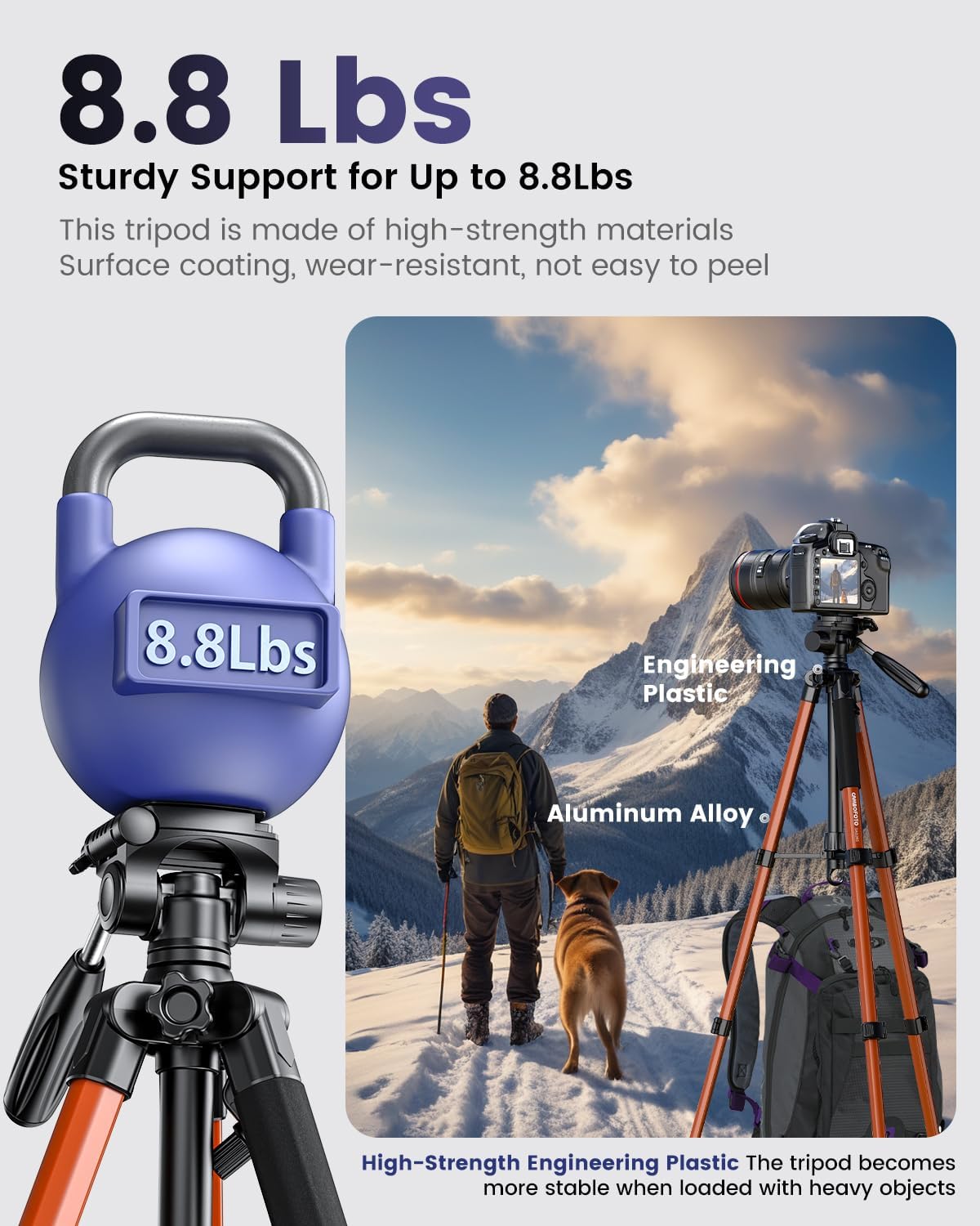Detalle 2 de CAMBOFOTO SAB265 74-Inch Camera Tripod, Orange Aluminum, 360° Pan Head
