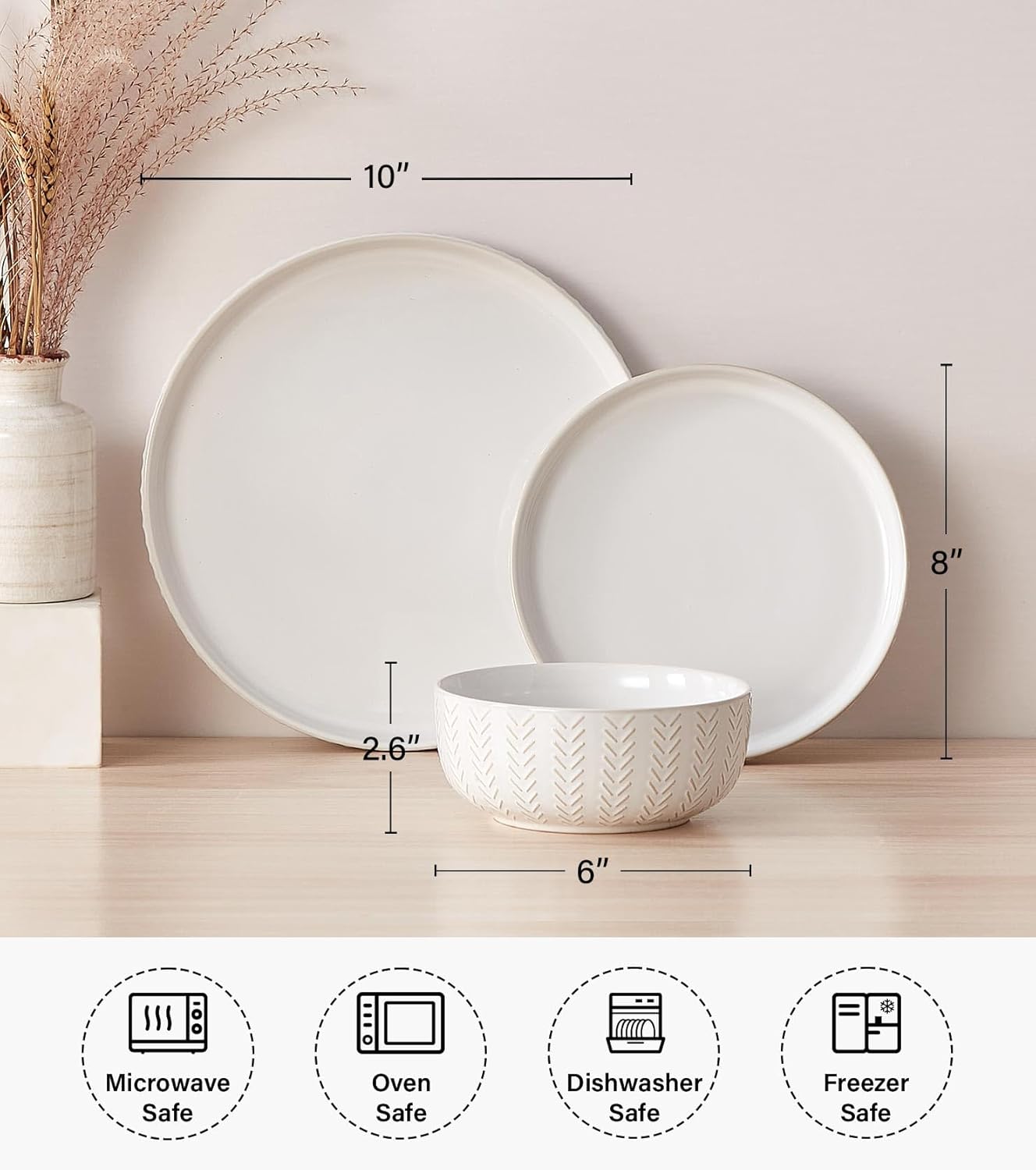 Thumbnail 2 de 24 Piece Dinnerware Sets for 8 - Farmhouse Stoneware with Embossed Boho Design in Vintage White