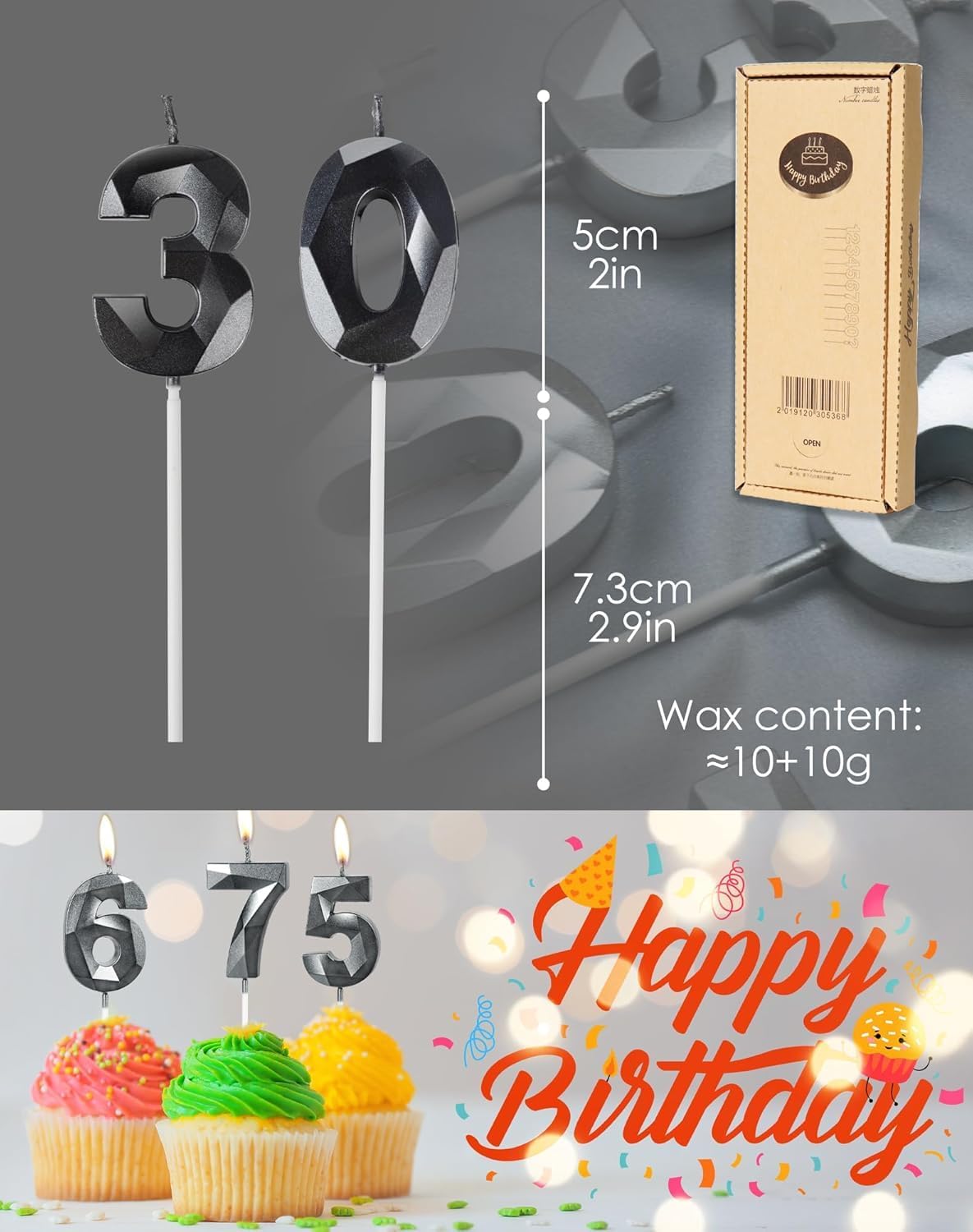 Thumbnail 2 de 22nd Birthday Number 22 Black Cake Candles (2-pack) for Cake Topper Decoration