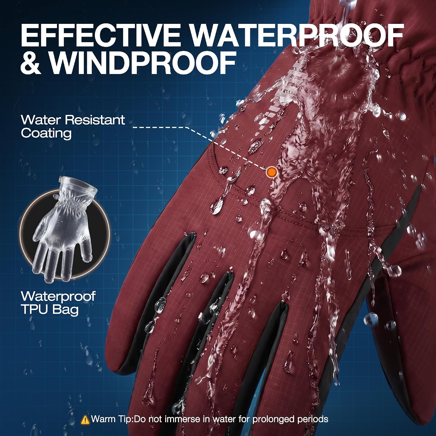 Detalle 2 de SIMARI Winter Gloves, Small Ruby Wine, Touchscreen, Windproof and Waterproof