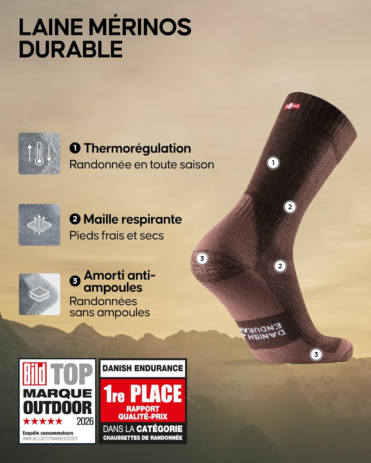 Detalle de DANISH ENDURANCE Chaussettes de randonnée en laine mérinos (lot de 3) – rembourrées anti-ampoules
