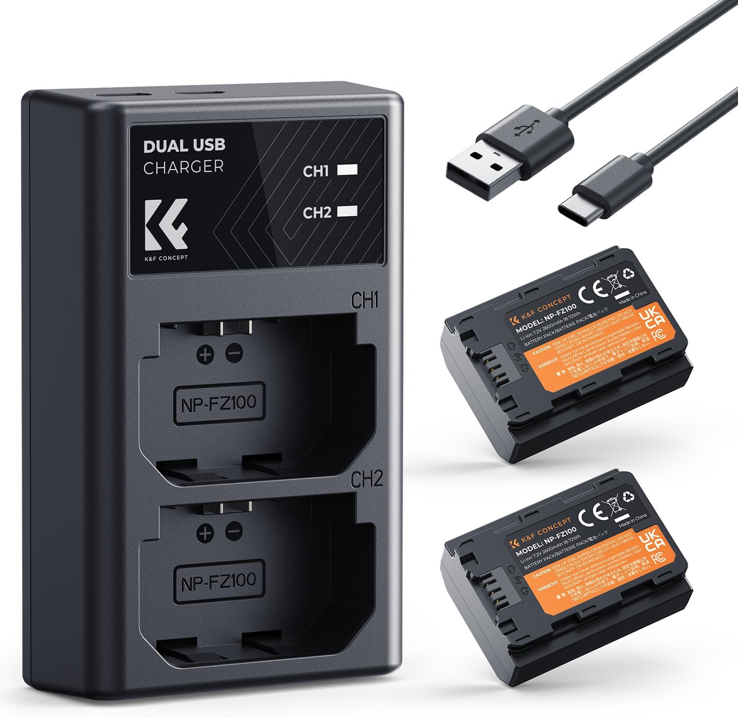 K&F CONCEPT NP-FZ100 Kamera-Akku 2er Pack (2280 mAh) mit USB-Dual-Ladegerät für Sony Alpha