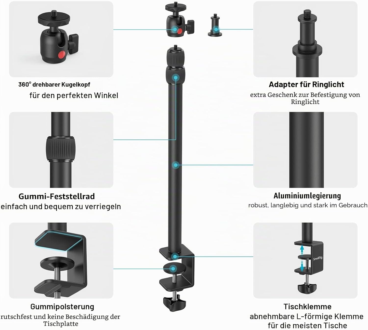 Thumbnail 6 de SMALLRIG Kamera Light Stand 3488: Tischstativ mit 1/4“-20 Kugelkopf & verstellbarer Tablet-Halterung