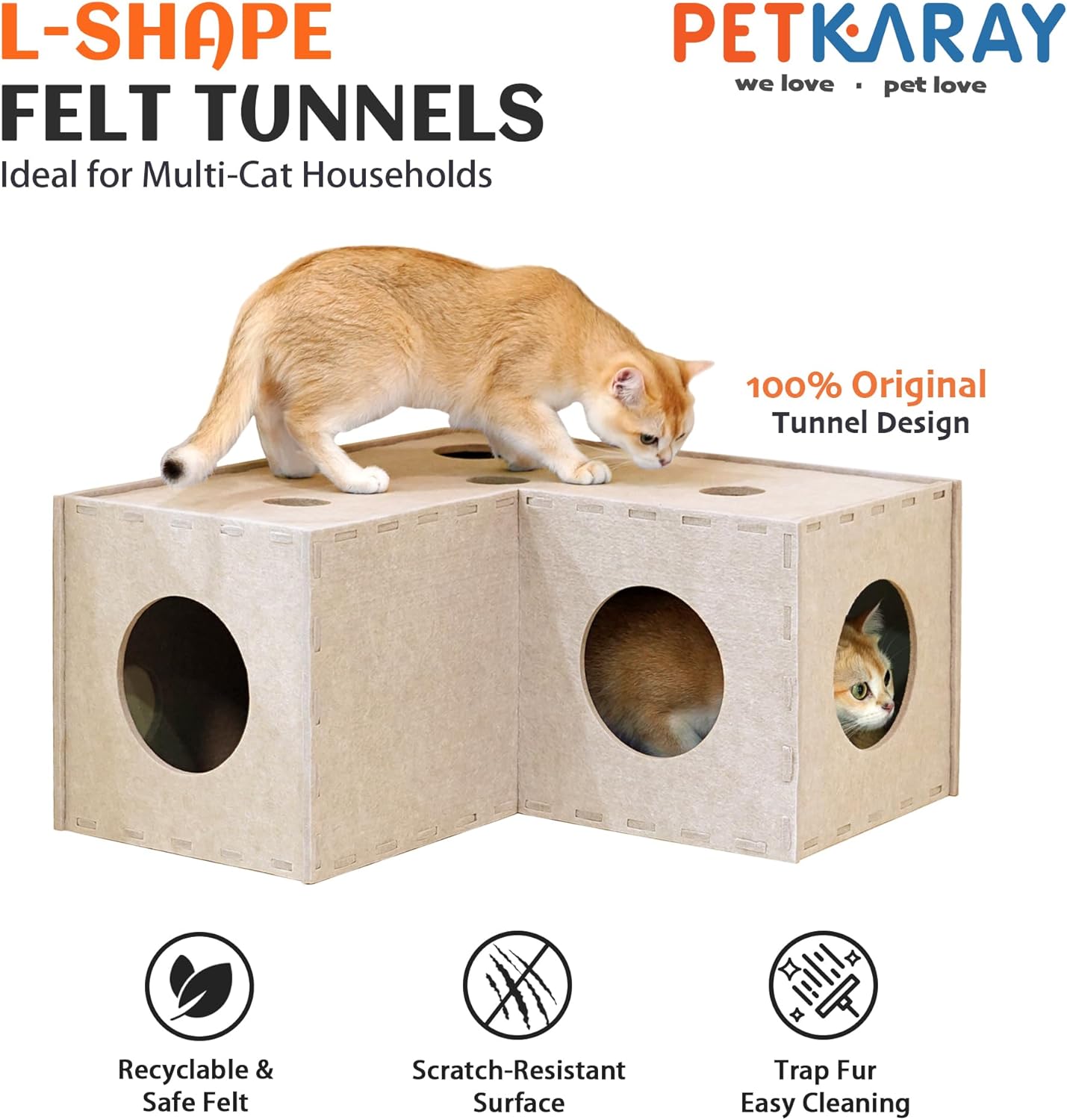 Thumbnail 1 de PETKARAY Cat Tunnel – Original felt hideaway cave with interactive peek hole (large kitten play tubes and tunnels)