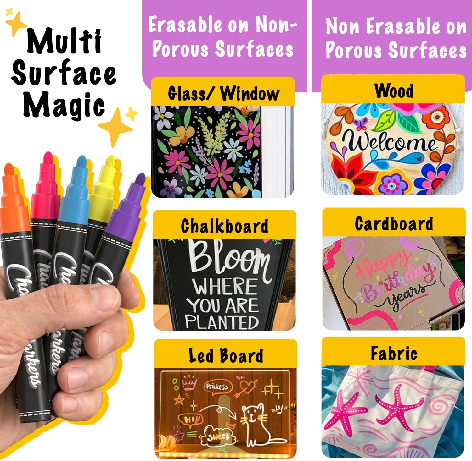 Thumbnail 5 de Chalkola Liquid Chalk Pens (Pack of 40) – Neon, Pastel & Metallic Wipeable Markers with 6mm Reversible Tip