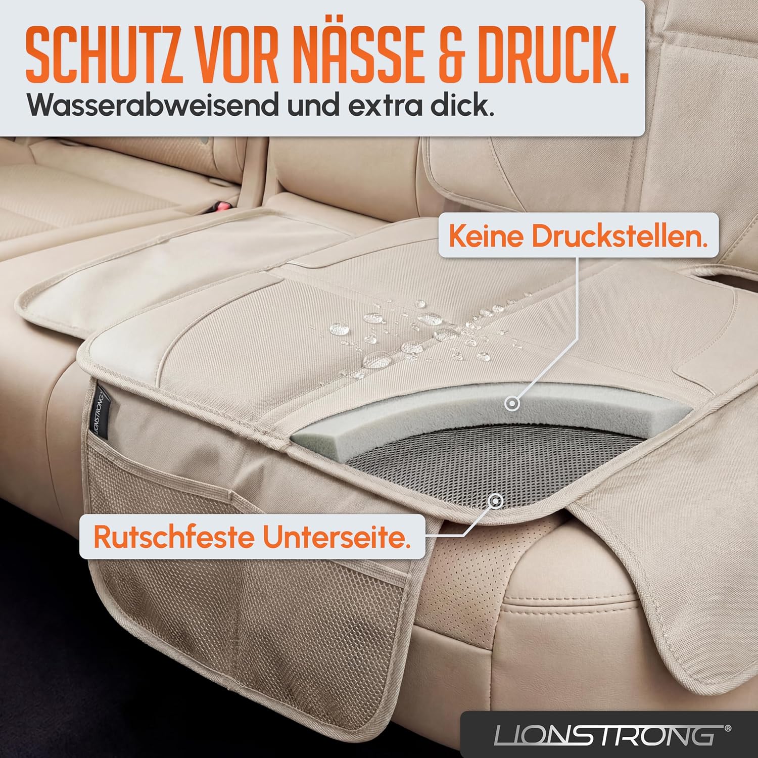 Detalle de LIONSTRONG Kindersitzunterlage mit ISOFIX-Eignung – wasserabweisender Polyester, cremeweiß