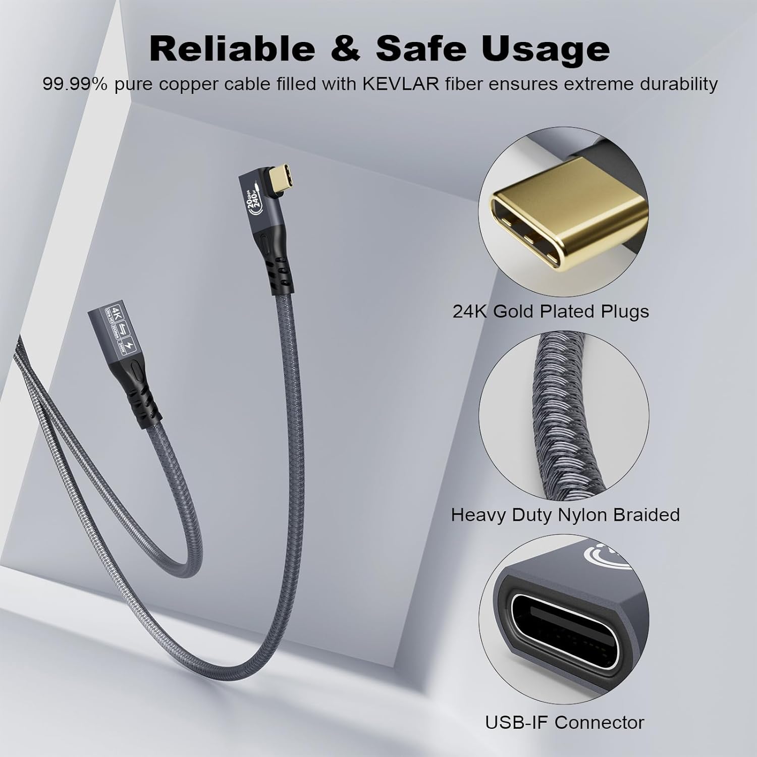 Thumbnail 5 de CHENLENIC 90Degree USB-C 3.2 Extension Cable (20Gbps) with 240W USB PD & 4K@60Hz video support, 1M+1M