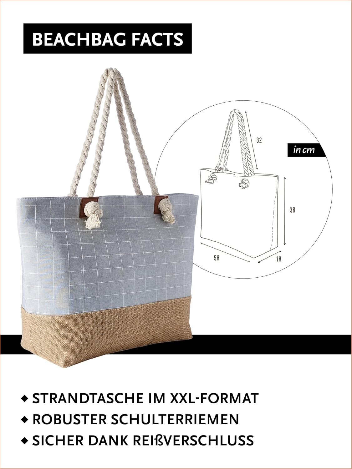 Thumbnail 1 de DonDon XXL Strandtasche mit Reißverschluss – Großer Einkauf- und Strandbegleiter in Kariert Grau