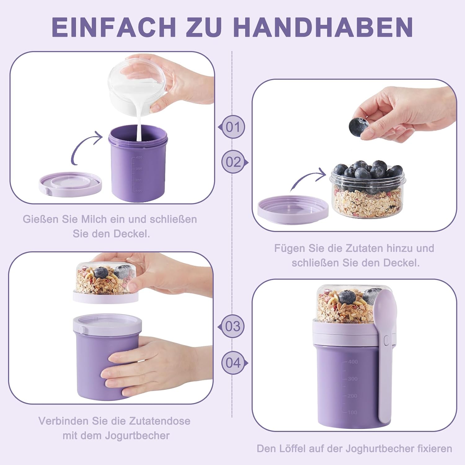 Thumbnail 5 de Swkien Müslibecher to Go: Joghurt- & Müslibecher mit Auslaufschutz, 450 ml + 250 ml (Vivid Lilac)