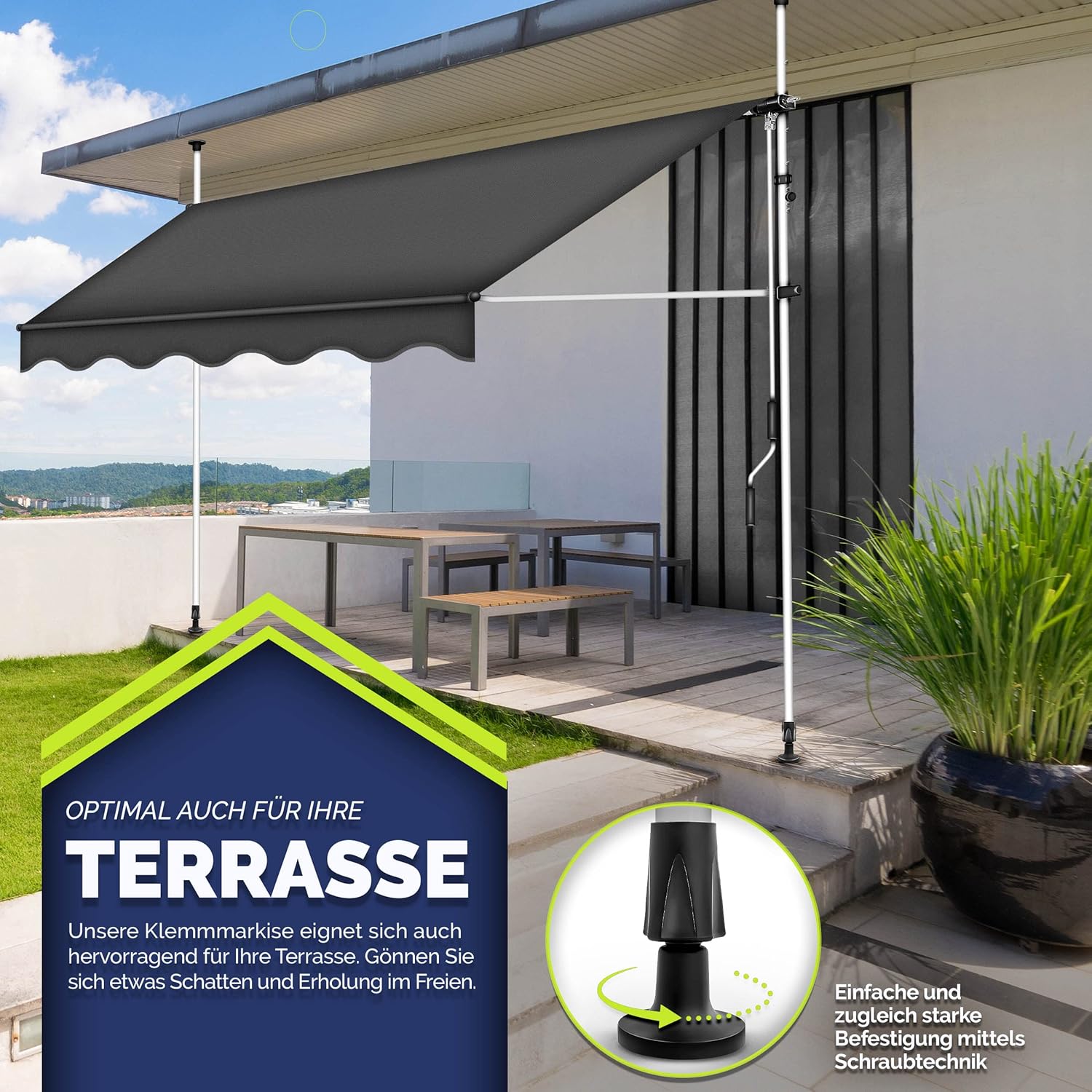 Thumbnail 3 de tillvex Klemmmarkise mit Handkurbel für Balkon, 400 cm – ohne Bohren, höhenverstellbar