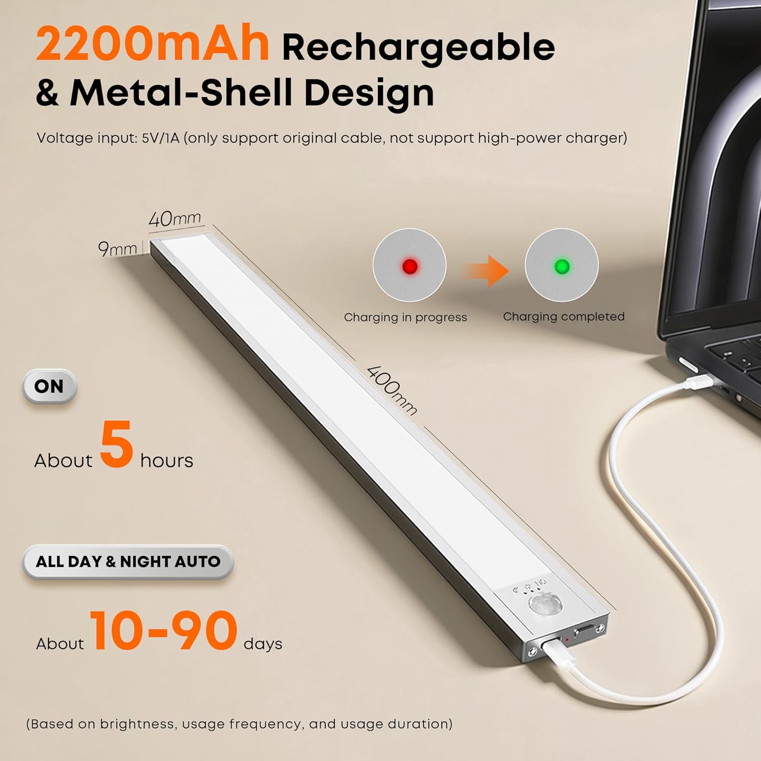 Detalle de Schrankbeleuchtung LED Unterbauleuchte mit Bewegungsmelder (40 cm) – 1 Stück, aufladbar & magnetisch