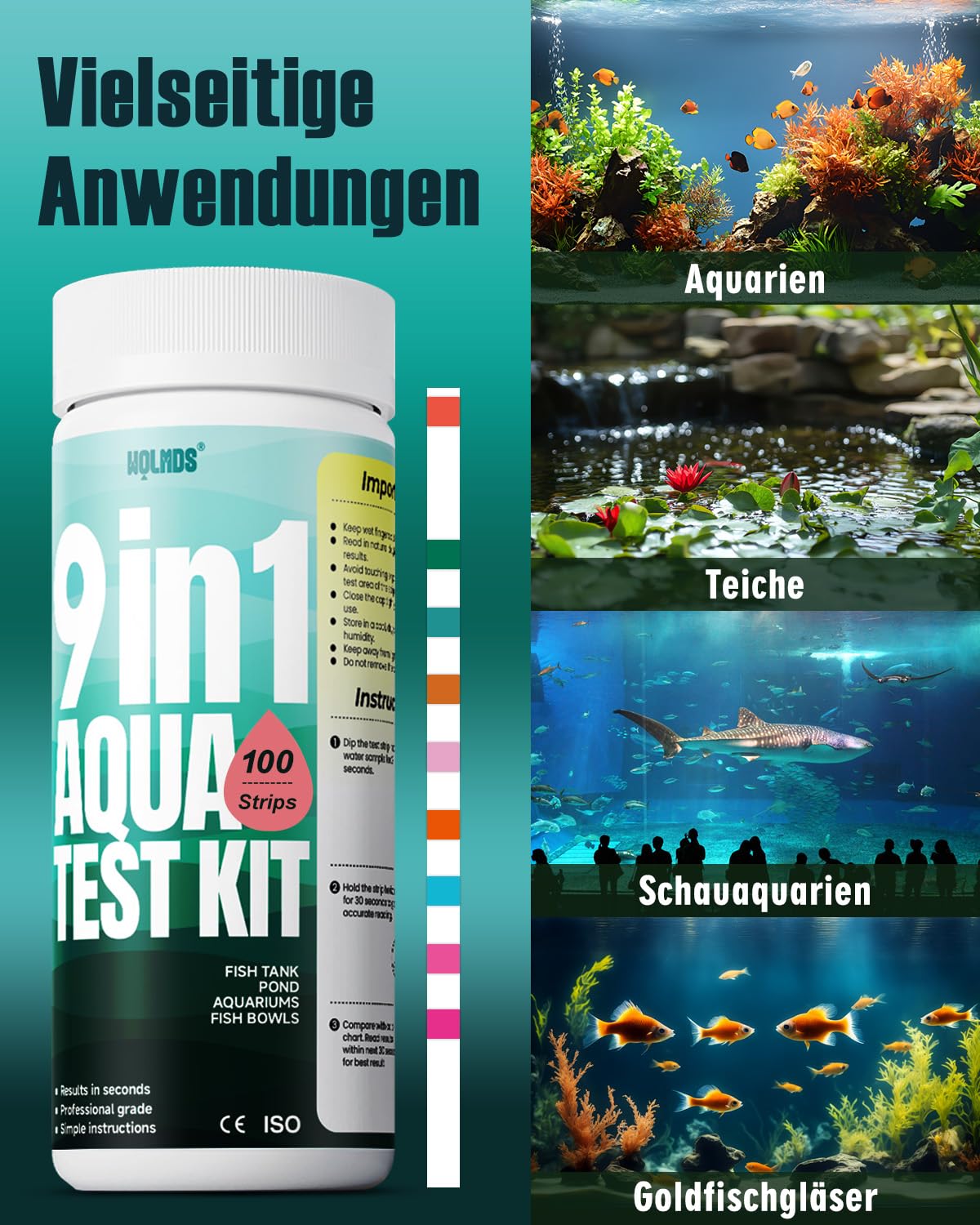 Detalle de Wolmds 9‑in‑1 Aquarium Teststreifen 100er