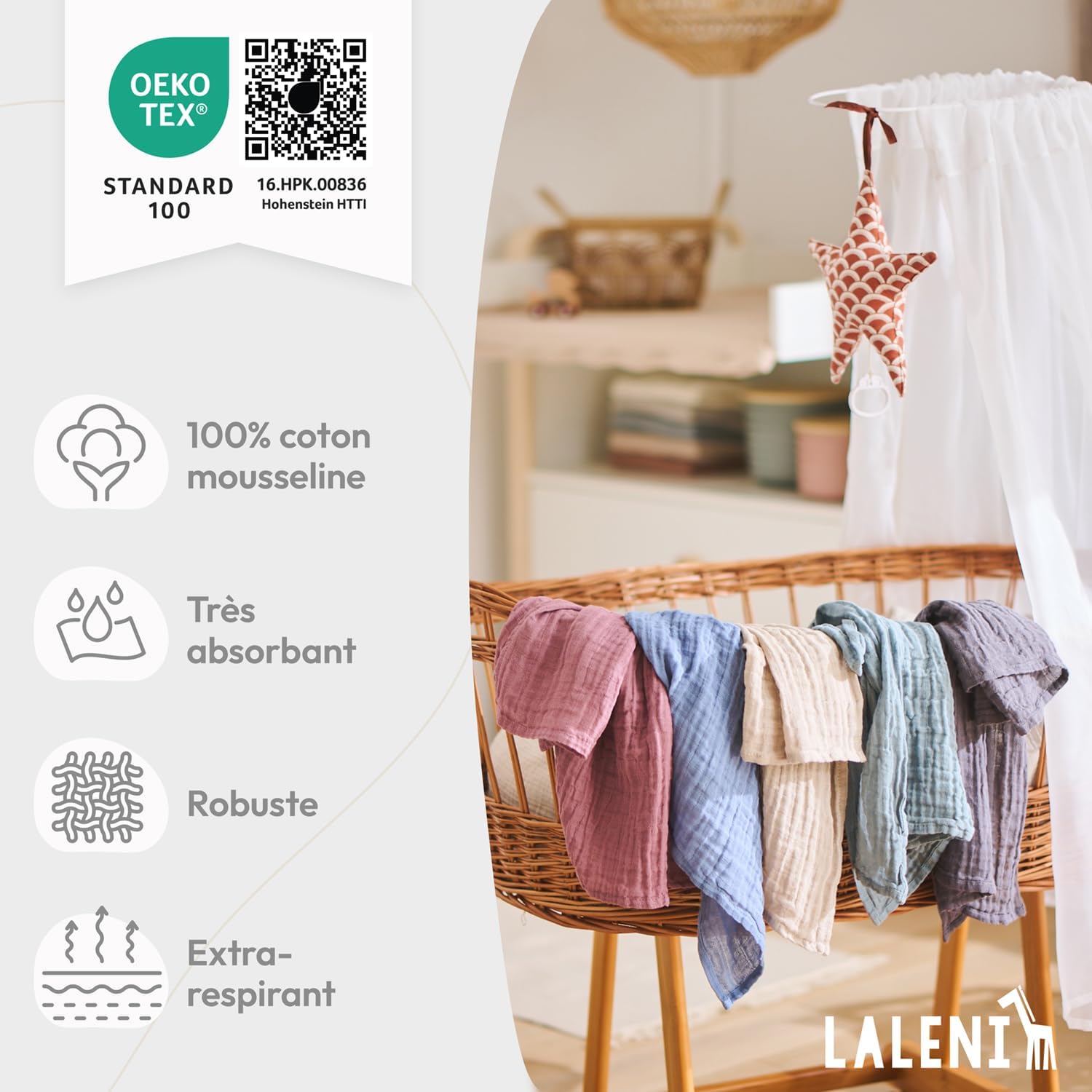 Thumbnail 3 de Laleni lot de 5 langes bébé en mousseline pur coton 70x70 cm – beige