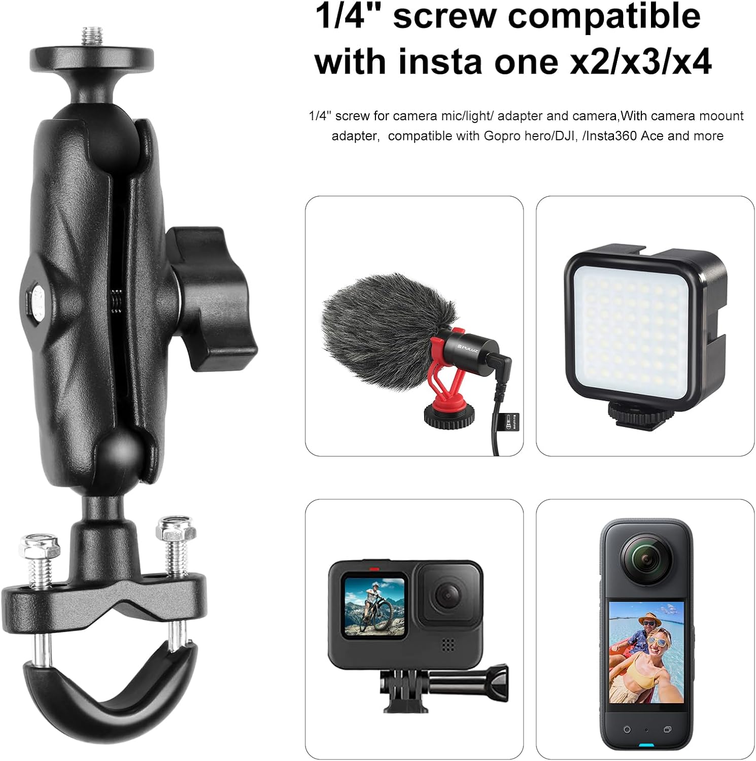 Thumbnail 4 de PULUZ Motorcycle Action Camera Handlebar Fixed Mount with 360° Rotatable Holder for Insta360 X4/X3/Go 3 and GoPro