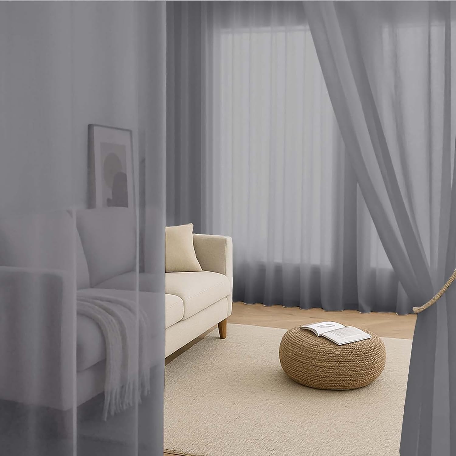 Thumbnail 5 de Simplebrand Grey Sheer Curtains for Living Room – 150cm W x 183cm L, 2-Pane Light Filtering Voile Drapes