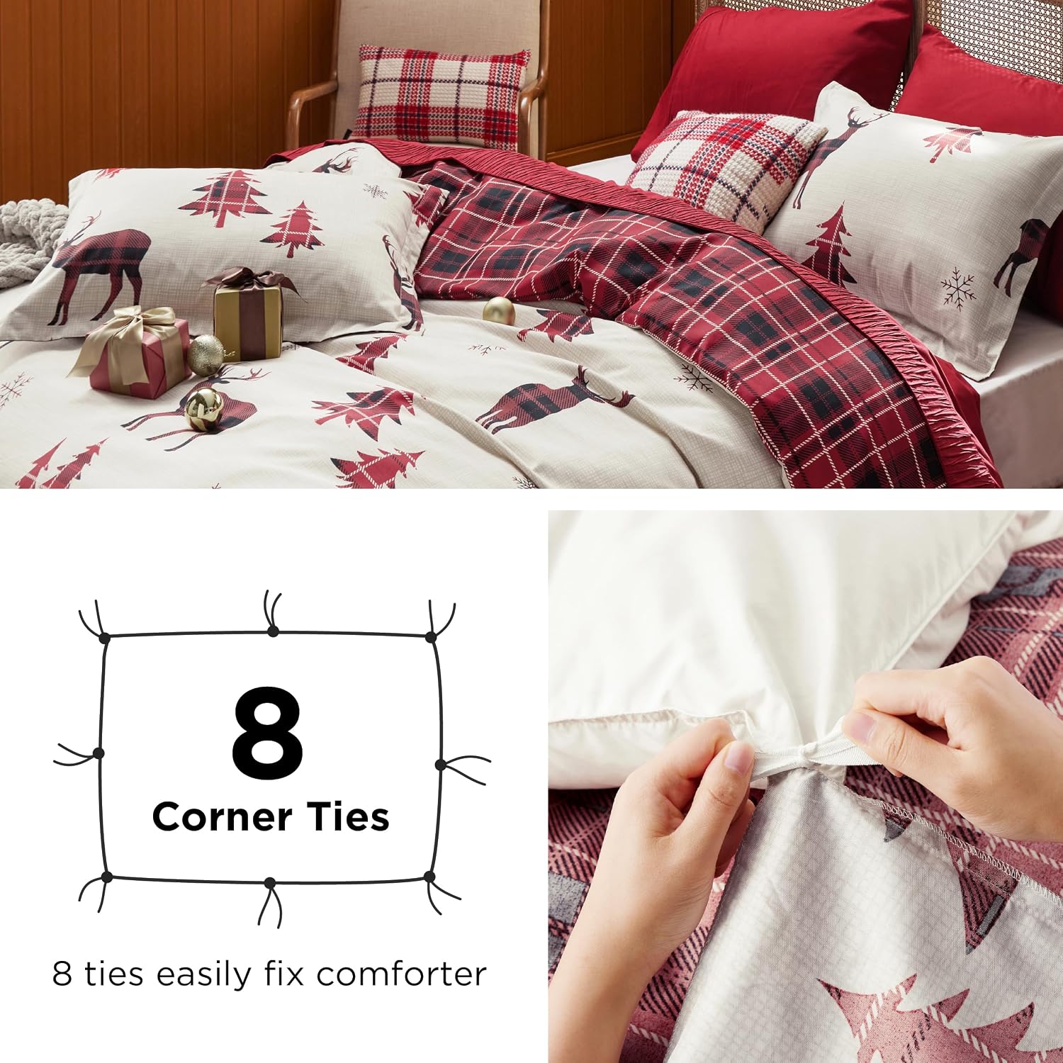 Detalle 2 de Bedsure Twin Christmas Duvet Cover Set, Reindeer Print, Reversible Buffalo Check