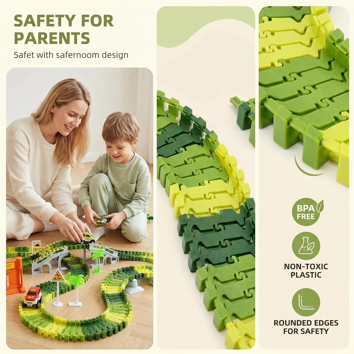 Detalle de Dinosaur Race Track Toys for Boys 3-5: Flexible Bridge Car Track Set with 2 Cars and Dinosaur Figures