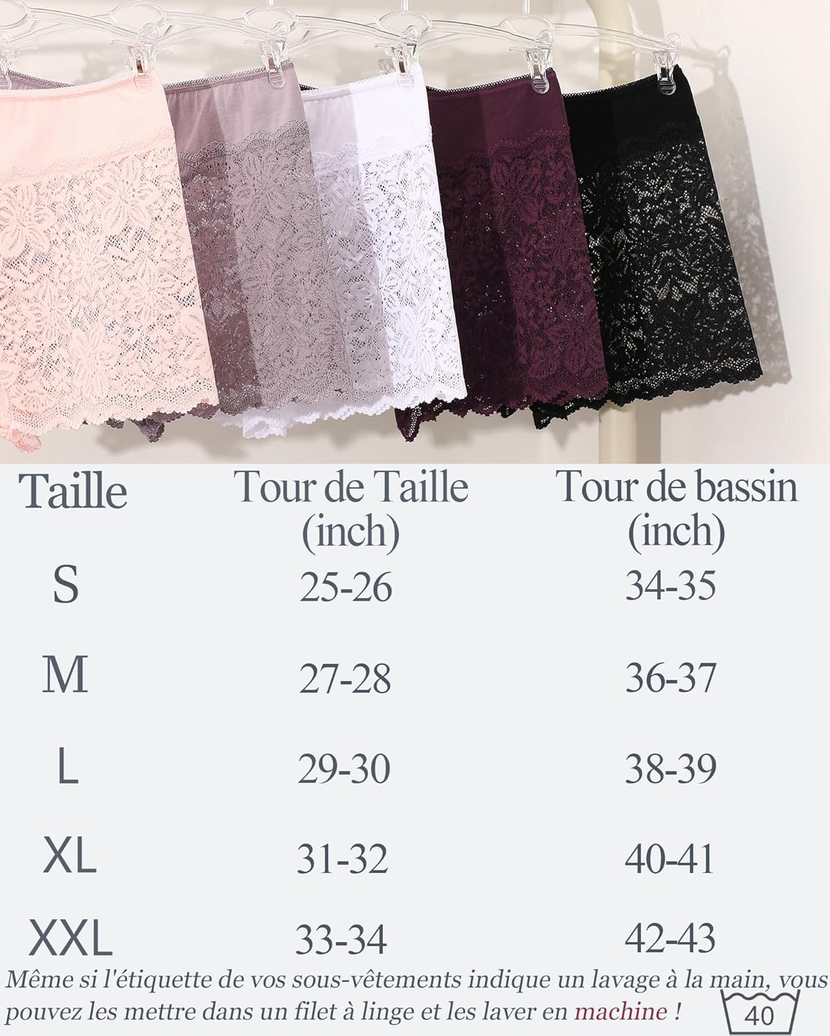Thumbnail 5 de ALL OF SHE Lot de 5 boxers femme en dentelle – boxer/culotte shorty respirant à ceinture en coton (S à XXL)