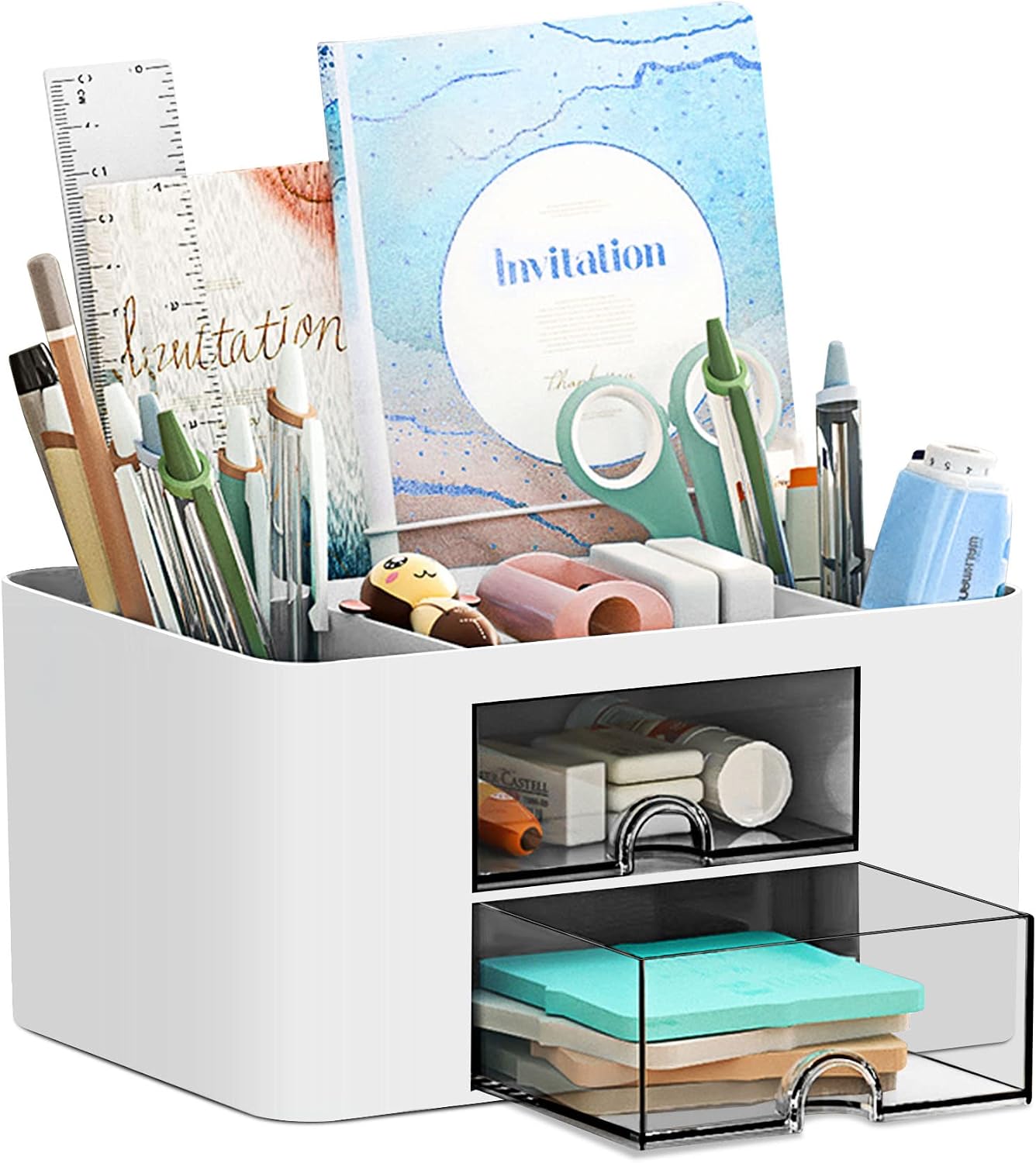 Detalle de PAMIYO Schreibtisch Organizer mit 7 Fächern, Kunststoff (weiß) – Stiftehalter mit Schublade für Büro, Zuhause & Schule