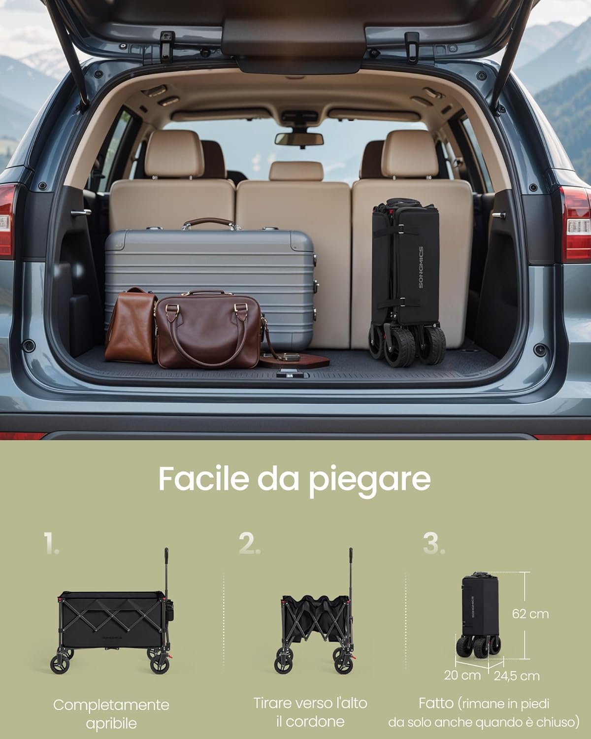 Detalle de SONGMICS Carrello da Campeggio Pieghevole GFW115B01 – Carretto da Giardino 150 L, Portante 150 kg, 4 Ruote Rimovibili