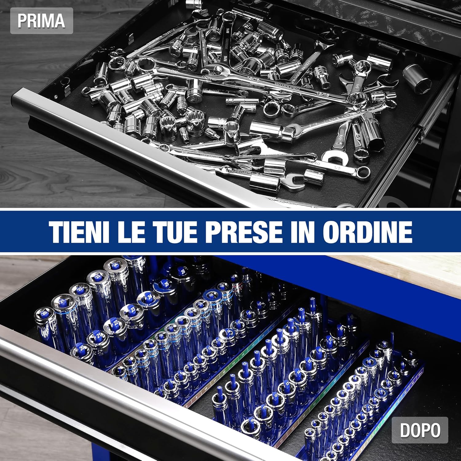 Detalle de WORKPRO Porta Bussole per prese metriche fino a 94 pezzi (1/4, 3/8, 1/2) con vassoio portaprese e fori