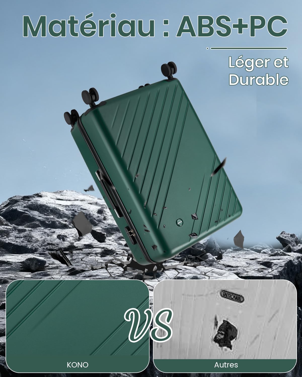 Detalle de Kono Valise Soute 66,5 × 45,5 × 25 cm – 61 L, ABS+PC, Roues silencieuses 360°, Serrure extérieure – Vert/Noir