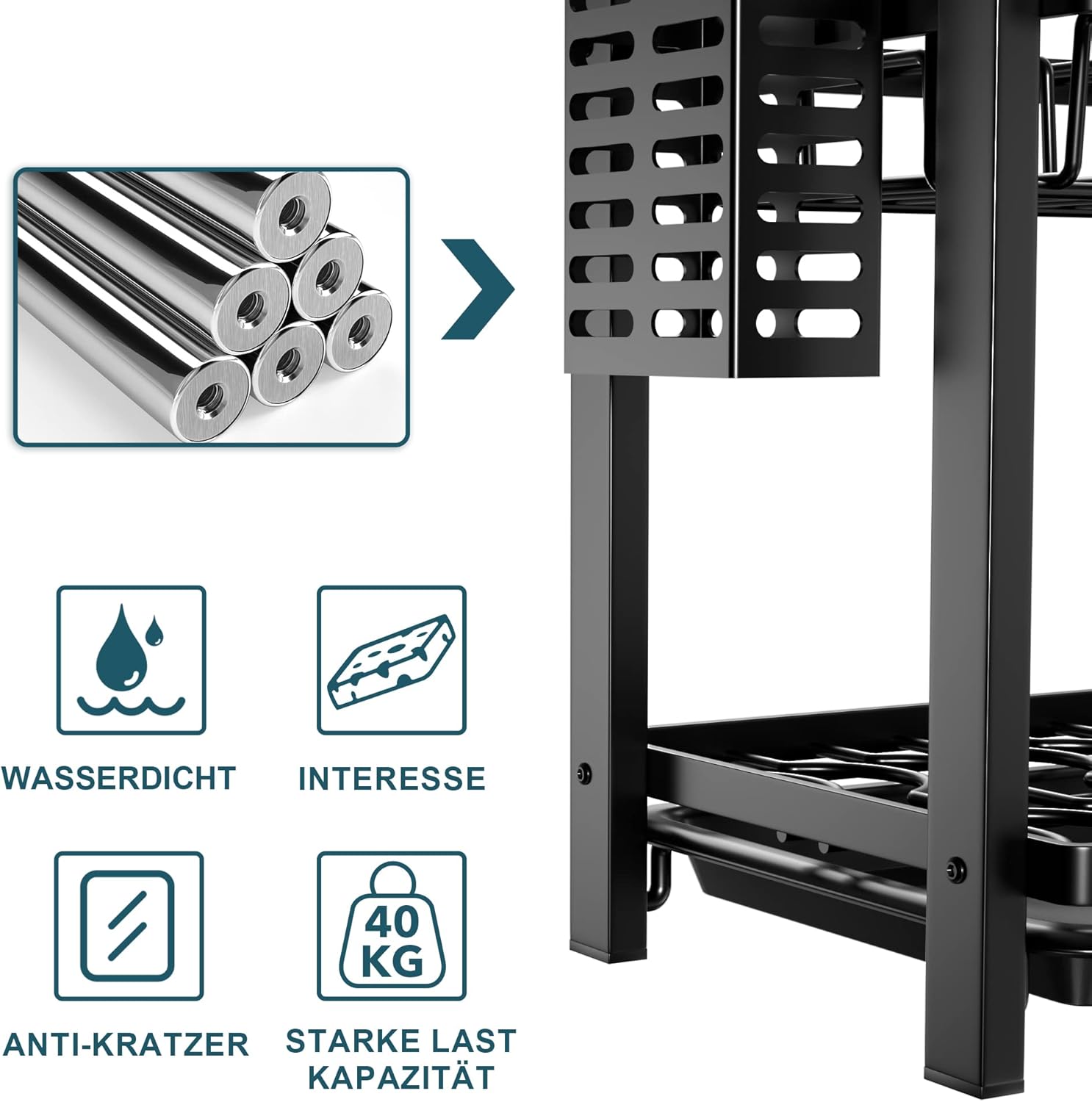 Detalle de niffgaff 2-stufiges Abtropfgestell Geschirr Schwarz (43,5 × 24,5 × 34,5 cm) mit Edelstahl-Abtropfgitter