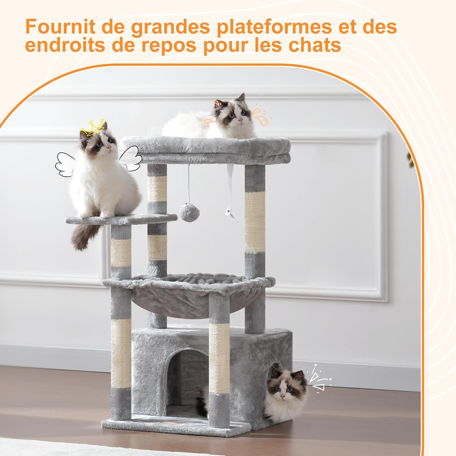 Detalle de Heybly Arbre à chat HCT008SW gris clair avec très grand panier et plateformes pour matou