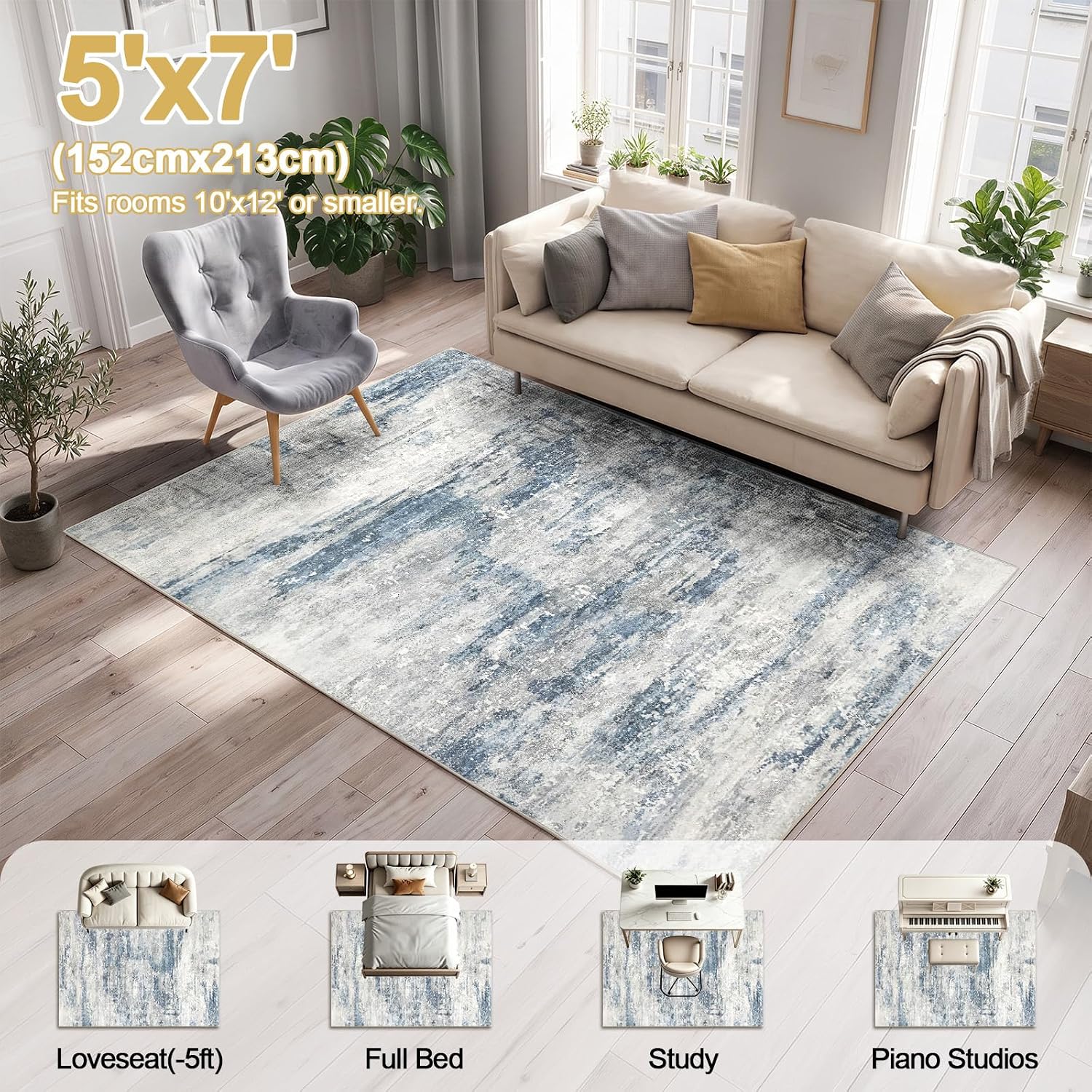 Detalle 2 de Huiuhjirug 5' x 7' Washable Area Rug, Blue Grey Low-Pile Abstract Carpet
