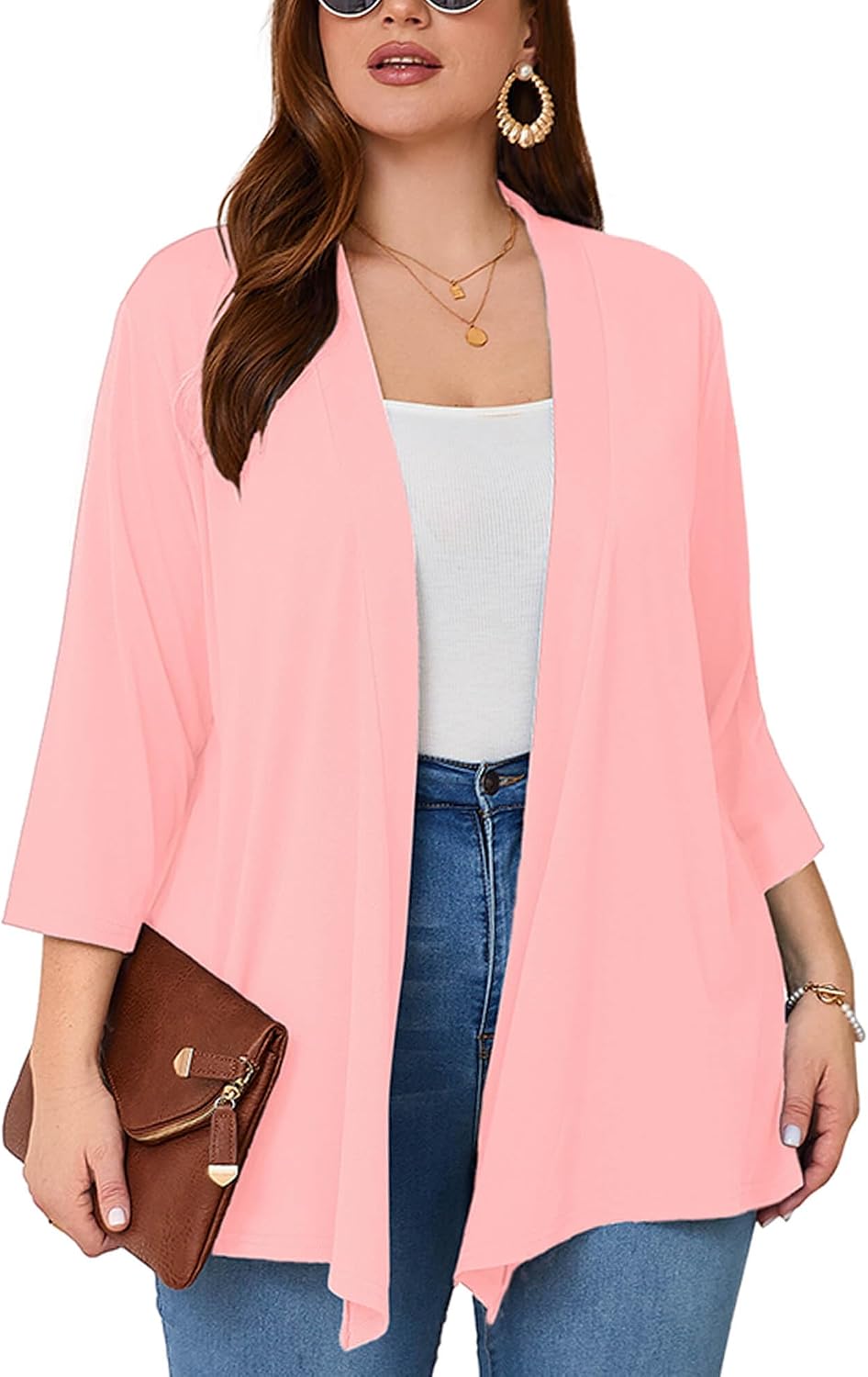 Detalle de AusLook Women's Plus Size Open-Front Cardigan, Lightweight 3/4 Sleeves