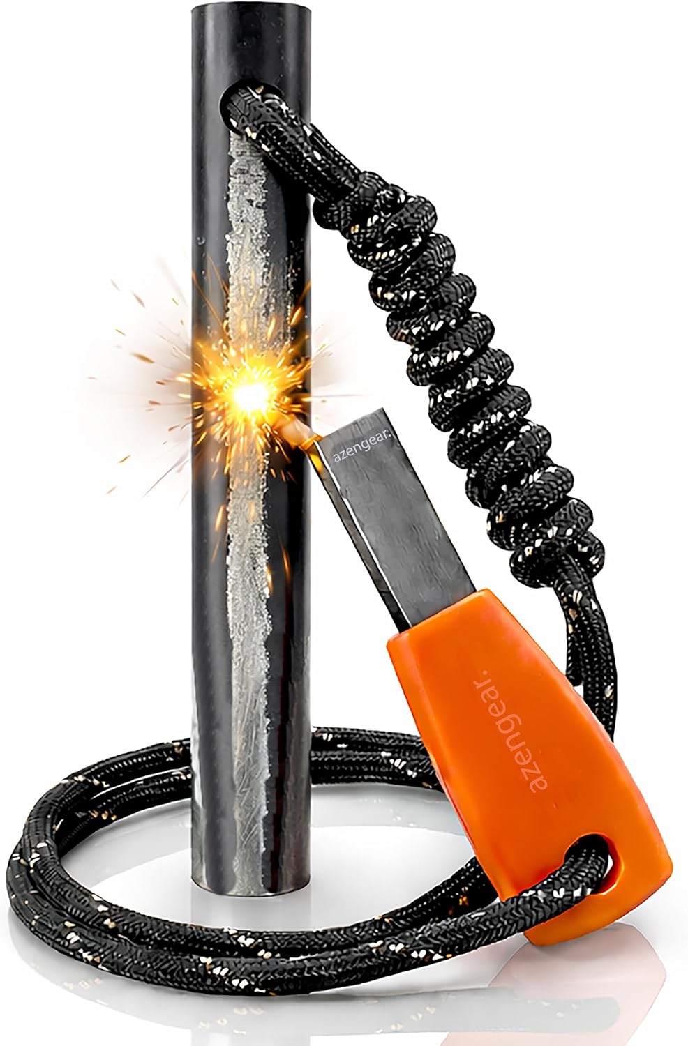 aZengear Accendifuoco Firesteel Ferrocerio XXL con raschietto HSS e paracord fluorescente