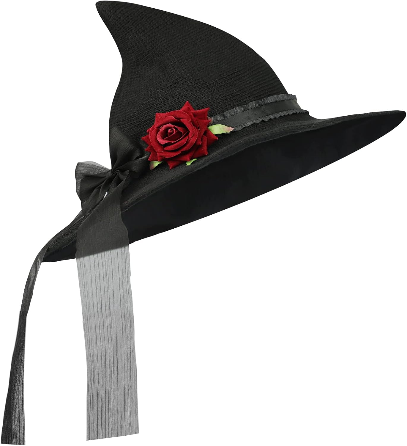Detalle 2 de HKSICHENGKEJIUK Halloween Witch Hat with Rose Bow – Women Wide Brim Costume Accessory
