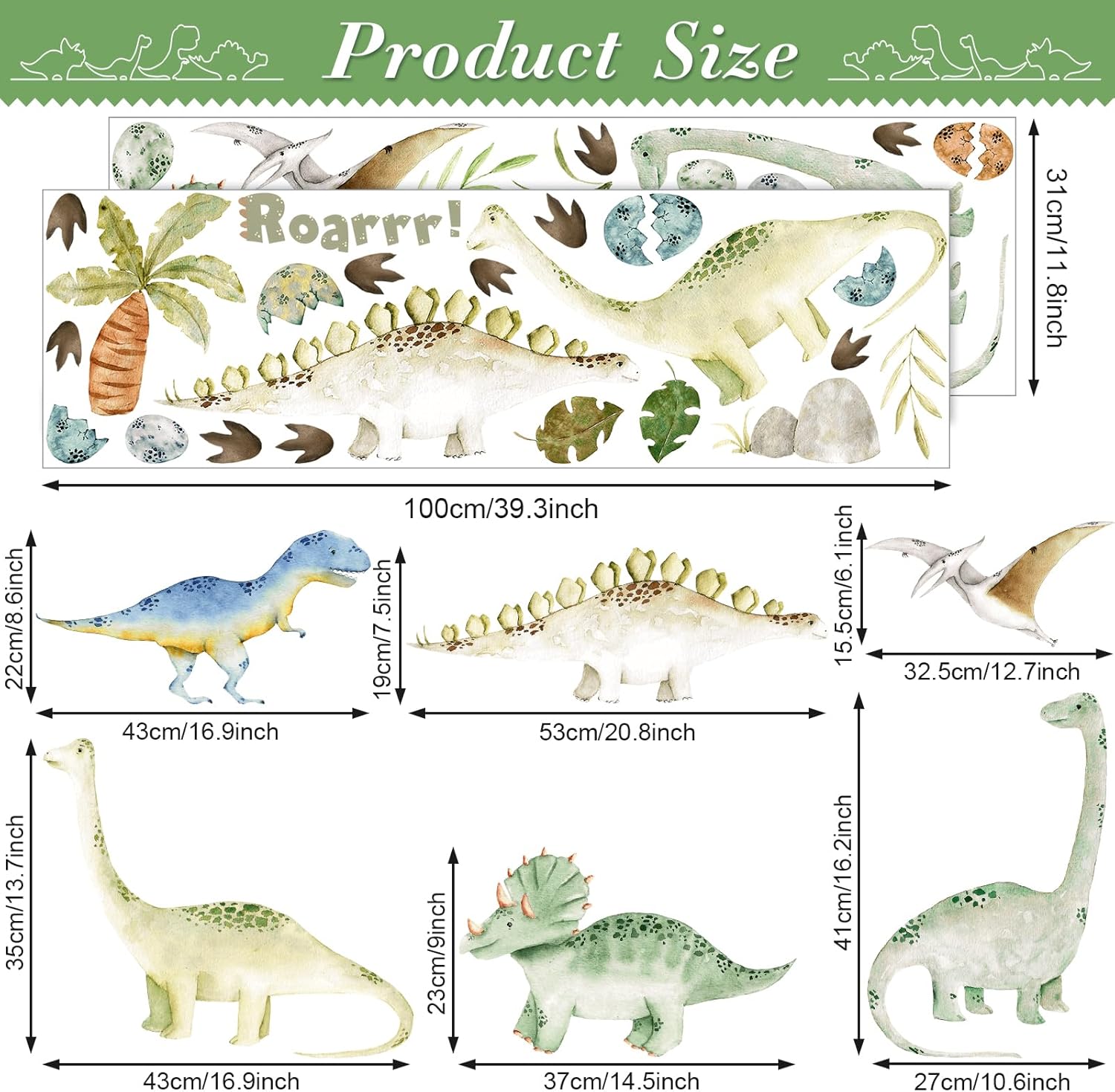 Thumbnail 1 de Watercolor Dinosaur Wall Stickers (Large) – Peel and Stick Dino Vinyl Cling Wall Decal for Nursery & Kids Rooms