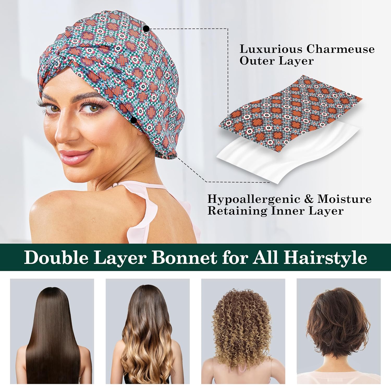 Detalle 2 de KAAHYNNO Adjustable Satin Hair Bonnet, Double-Layer Sleep Cap