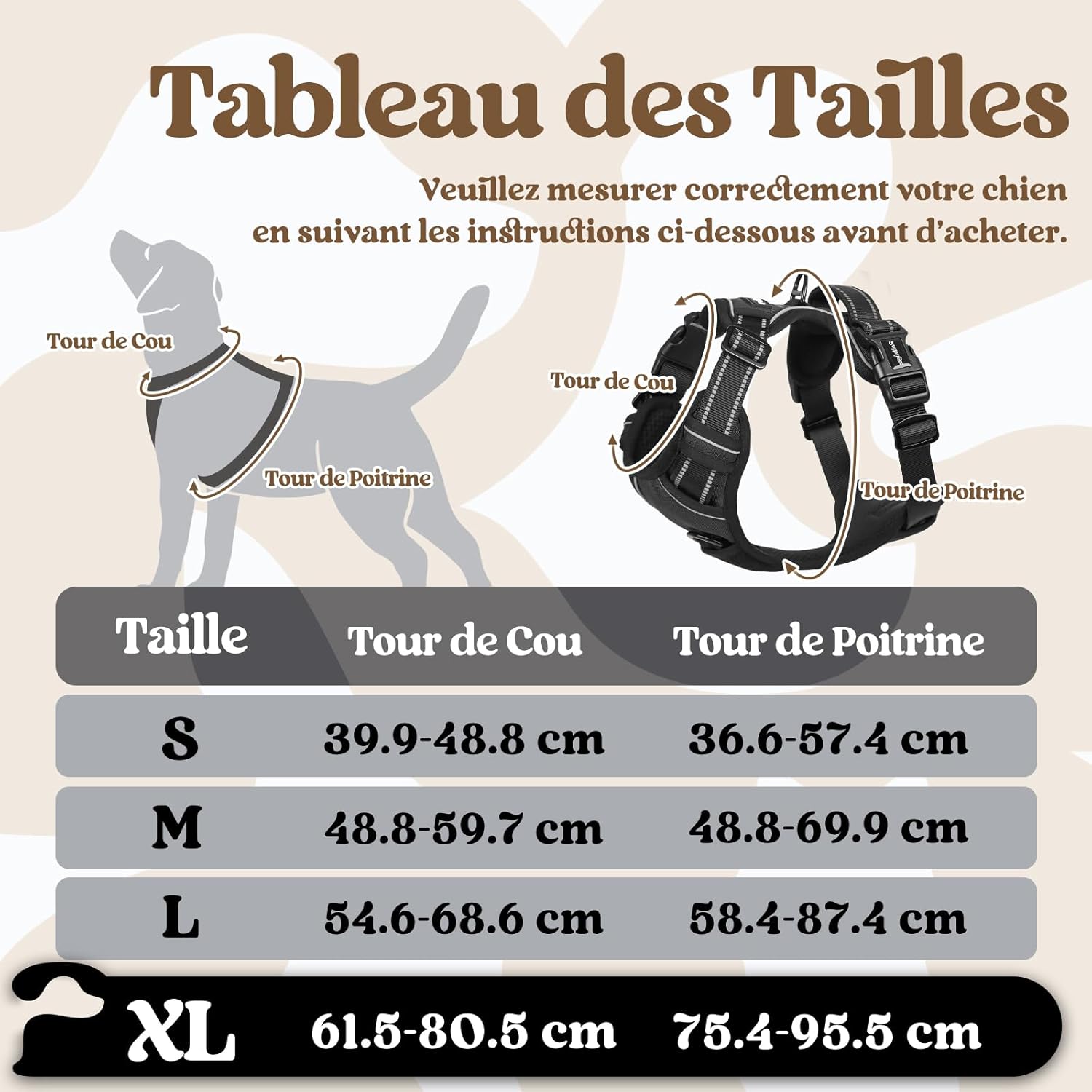 Detalle 2 de rabbitgoo Harnais pour chien anti-traction à 3 boucles, poignée et attache devant, réglable et réfléchissant (XL, noir)
