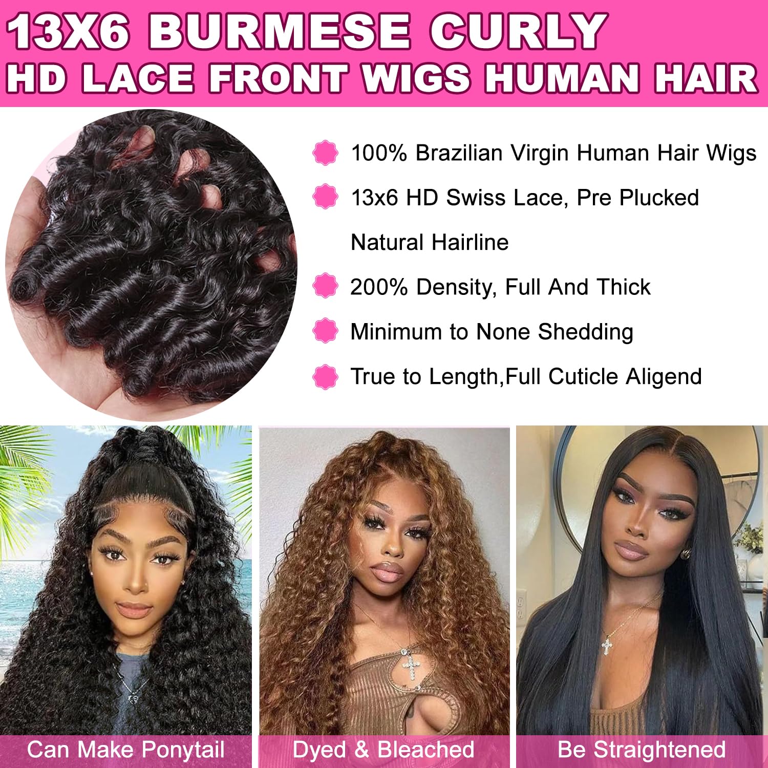 Detalle de biuteew 28 Inch 13x6 HD Lace Front Burmese Curly Human Hair Wig, 200% Density