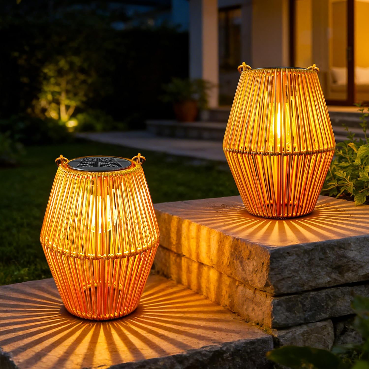 Detalle de Ollny Lanternes Solaire Exterieur – 2 Pièces en Rotin Bohême, Blanc Chaud