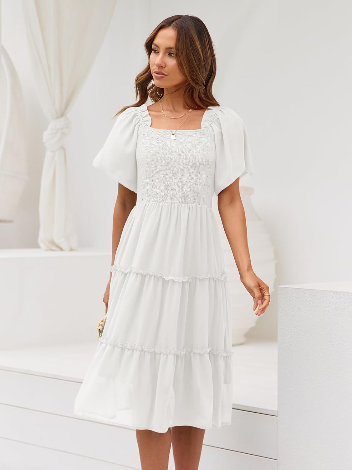 Thumbnail 2 de LILLUSORY Women’s Summer Smocked Midi Dress with Flutter Sleeves and Square Neck