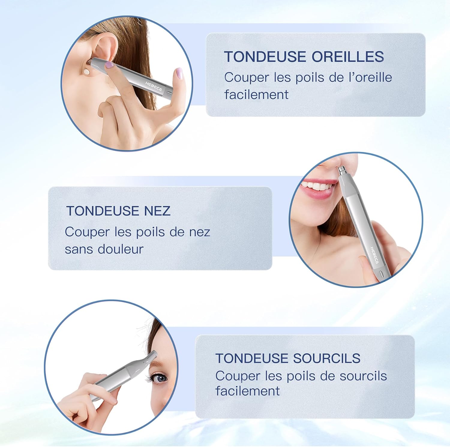 Detalle de HEBECA tondeuse nez et oreilles 2 en 1 rechargeable étanche argent