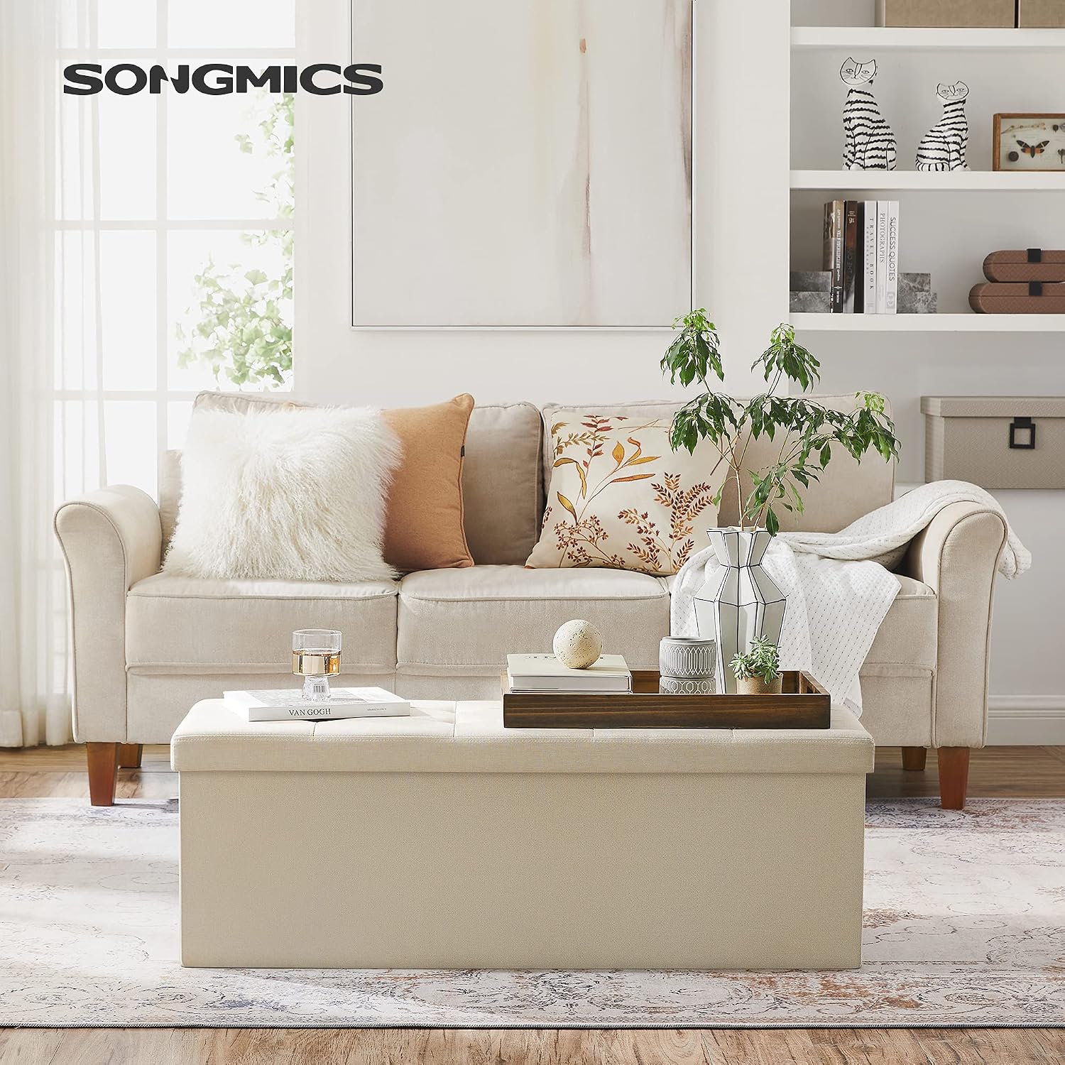 Detalle 2 de SONGMICS MAZIE LSF77BE cassapanca pouf contenitore pieghevole 38 x 110 x 38 cm bianco crema, portata 300 kg