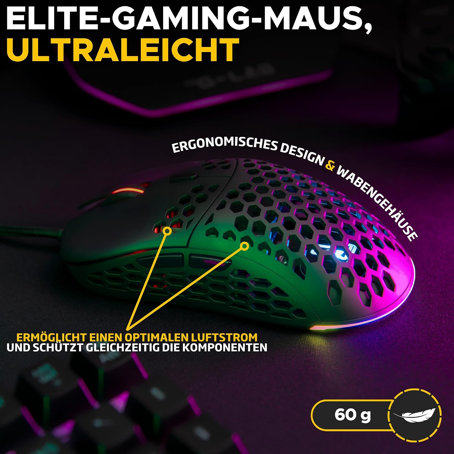 Detalle 2 de THE G-LAB Kult Oxygen – Hochleistungs-Gaming-Maus mit Kabel, 12.800 DPI, 6 programmierbare Tasten, 60 g
