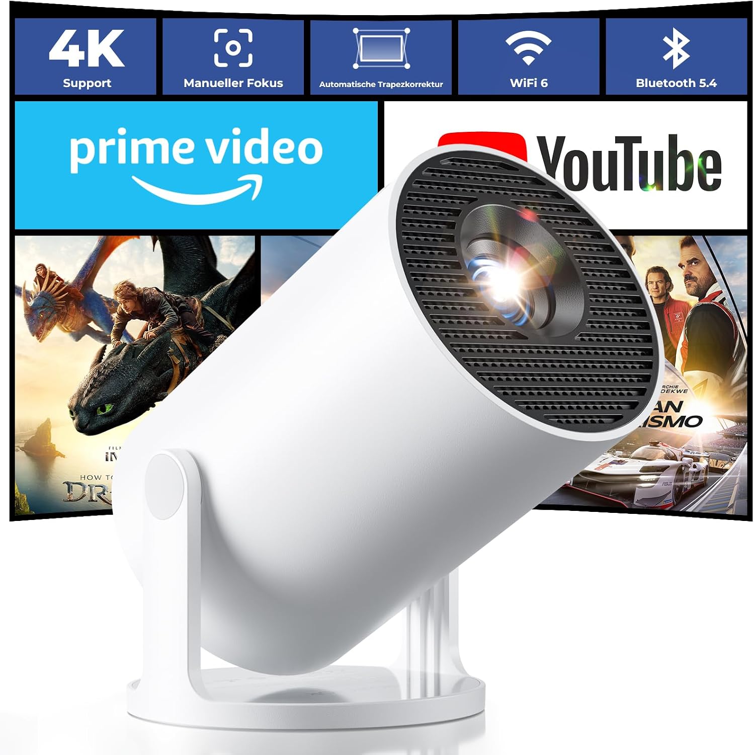 Detalle de Mini Beamer 4K Unterstützt – 2026 Neuer Beamer mit Android 14, 20.000 Lumen, WiFi 6, 180° Dreh, Kurzdistanz
