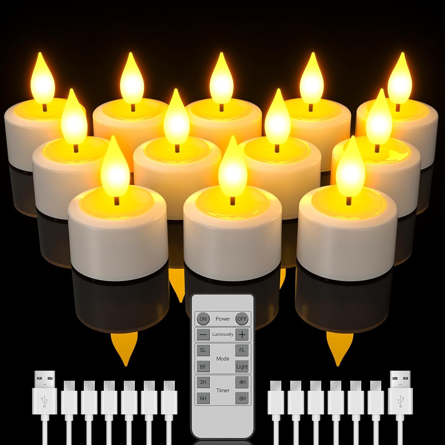 Detalle de SoulBay Rechargeable LED Tea Lights (12 pack) with USB-C charging and remote timer