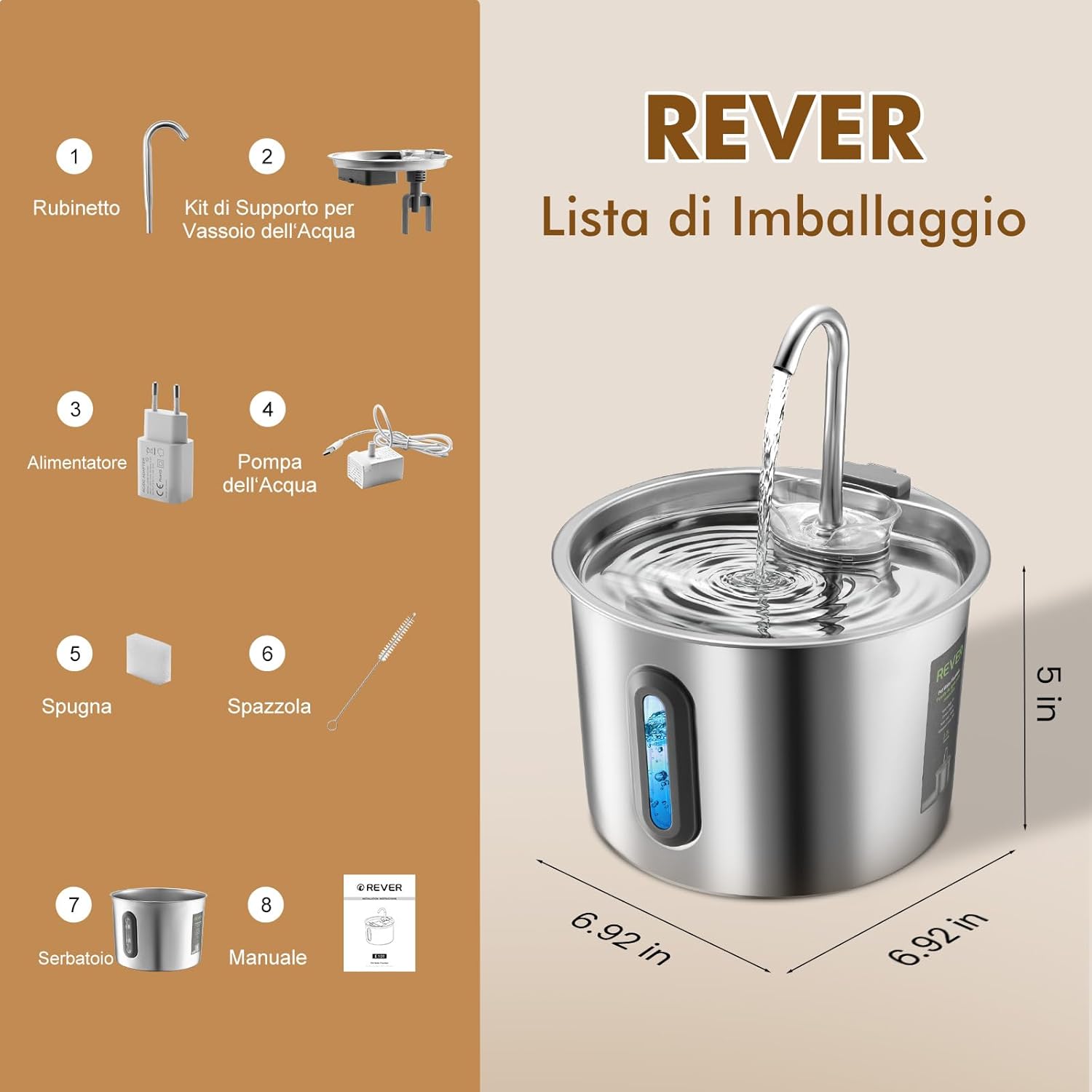 Thumbnail 6 de REVER Fontanella per gatti in acciaio inox 2,2 L con finestra LED, pompa ultra silenziosa e filtro multi-stadio