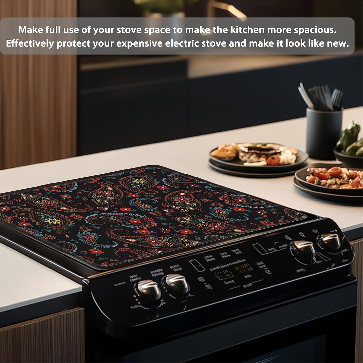 Detalle 2 de QYWETHOD Decorative Electric Stove Cover, Paisley Floral Non-Slip Mat, 28.5 x 20.5 in