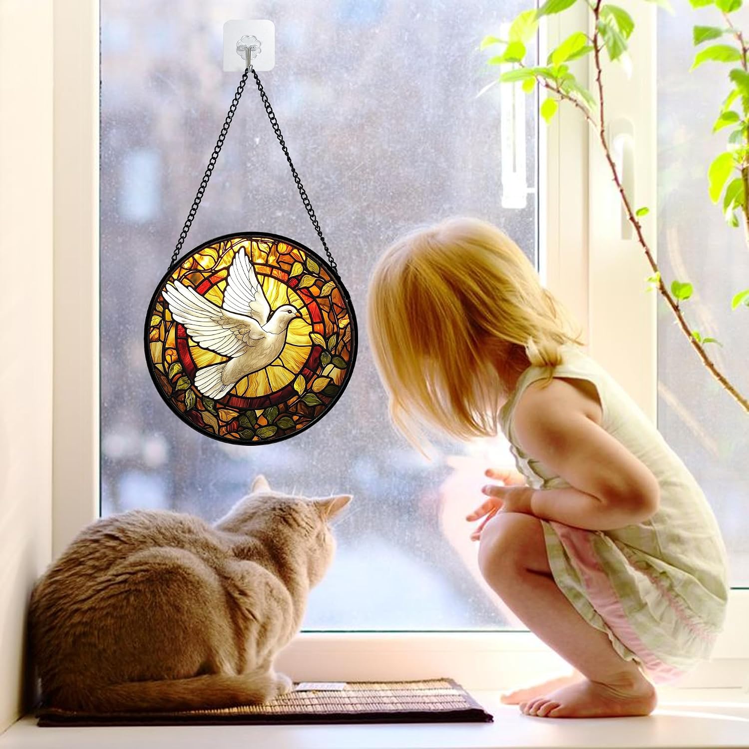 Detalle de DASTOLL Flying White Dove Stained Glass Suncatcher, 6.3-Inch Window Hanging